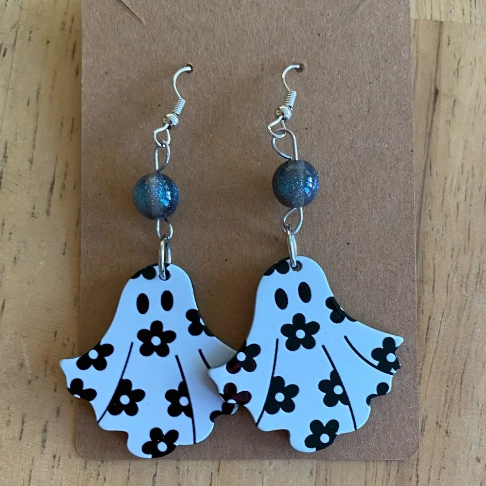 Hand Crafted Floral Ghost Beaded Dangle Earrings - Picture 1 of 4